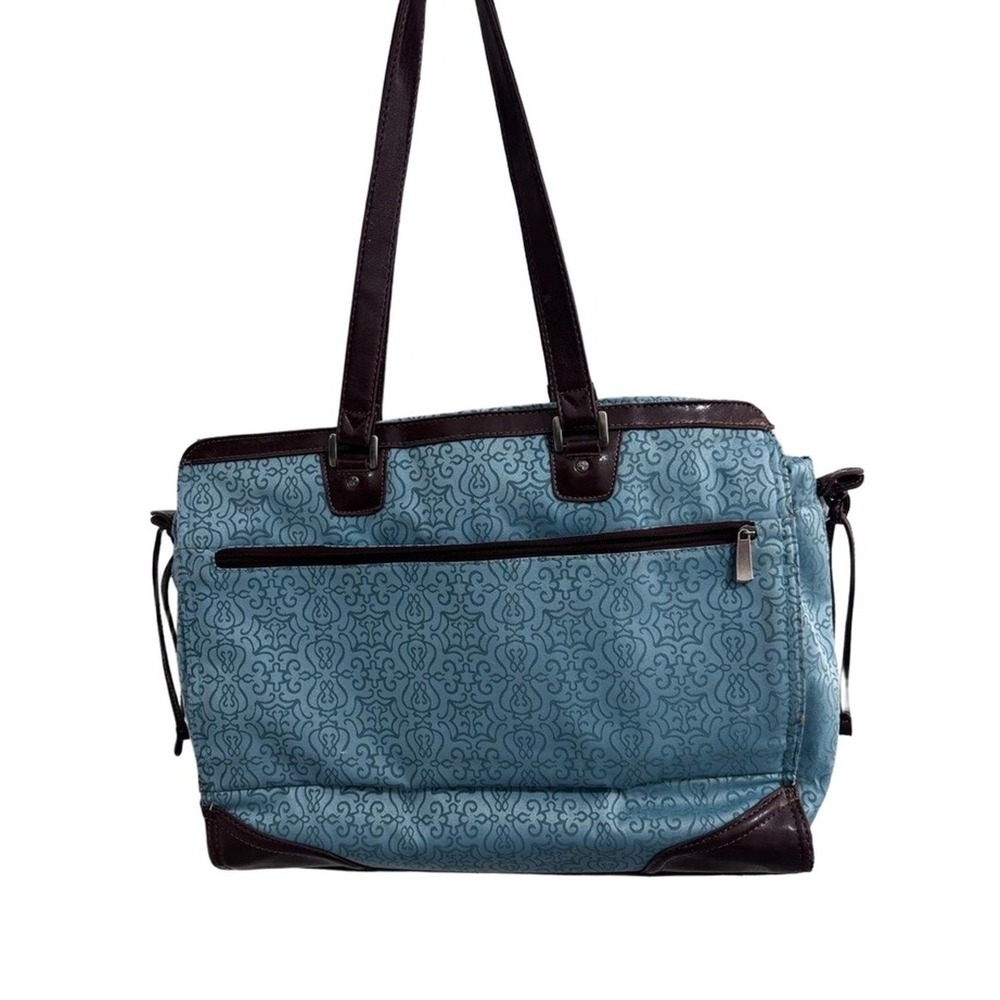 Reba Teal Dark Brown Trim Patterned Zip Sholder Bag Tote *see imperfections - Picture 6 of 15